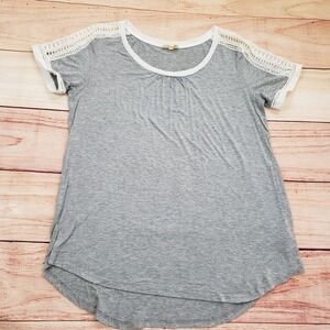 Athropologie Meadow Rue Shirt Womens Large Gray Tunic Top Crochet Short Sleeve‎